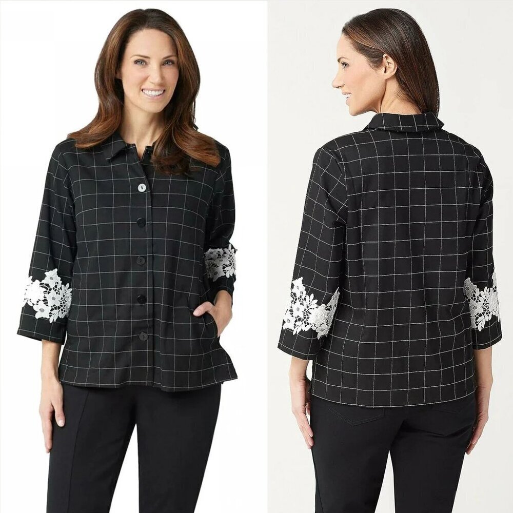Linea by Louis Dell'Olio Windowpane Jacket with Lace Applique Size 14